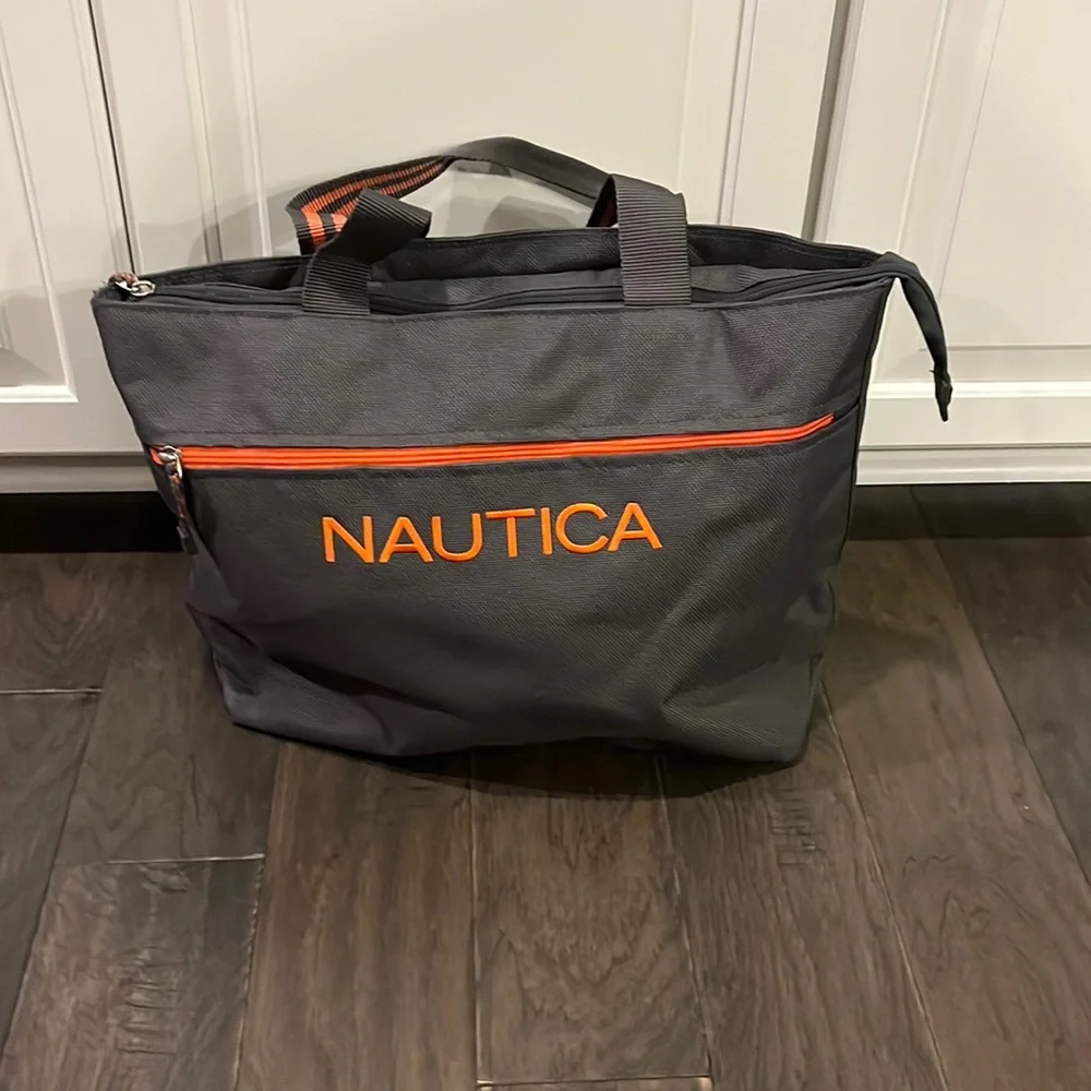 Nautica Grey Orange Canvas Tote new beach pool vacation